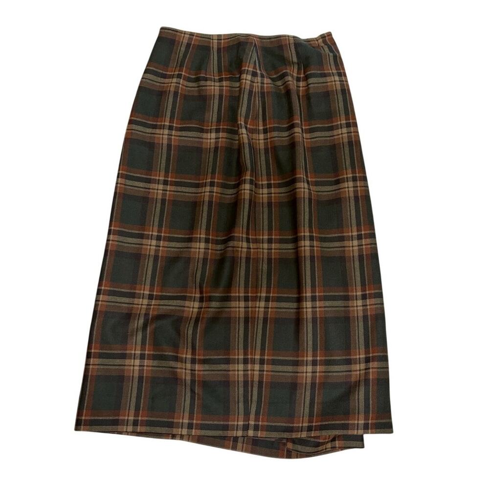 Vintage Lauren Ralph Lauren Plaid Wool Wrap Midi Skirt Leather Buckle 12 FLAW - Picture 6 of 8